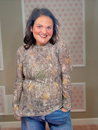 Camo woods mesh top for women with sheer mesh fabric and woodland camouflage print, a versatile layering piece for fashion trends, moms style finds, and plus size trends.