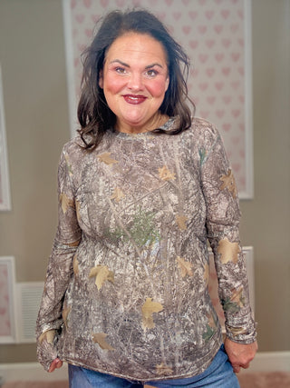 Camo woods mesh top for women with sheer mesh fabric and woodland camouflage print, a versatile layering piece for fashion trends, moms style finds, and plus size trends.