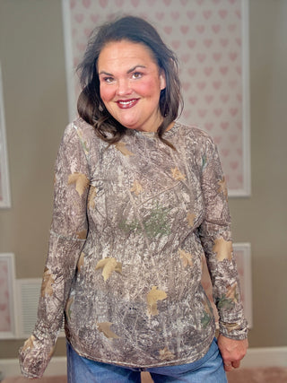 Camo woods mesh top for women with sheer mesh fabric and woodland camouflage print, a versatile layering piece for fashion trends, moms style finds, and plus size trends.