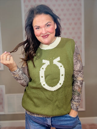 Olive High Class Country sweater vest for women with a knit horseshoe detail and side button accents, perfect for fashion trends, mom outfit inspo, moms style finds, and plus size trends.