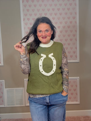Olive High Class Country sweater vest for women with a knit horseshoe detail and side button accents, perfect for fashion trends, mom outfit inspo, moms style finds, and plus size trends.