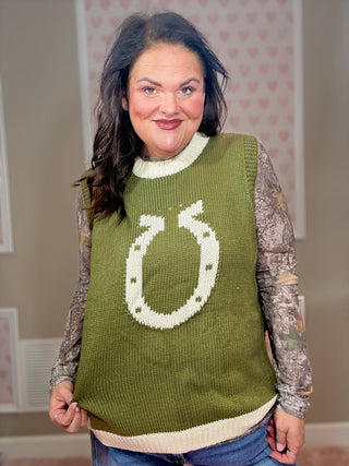 Olive High Class Country sweater vest for women with a knit horseshoe detail and side button accents, perfect for fashion trends, mom outfit inspo, moms style finds, and plus size trends.