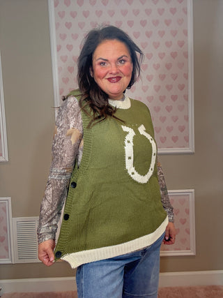 Olive High Class Country sweater vest for women with a knit horseshoe detail and side button accents, perfect for fashion trends, mom outfit inspo, moms style finds, and plus size trends.