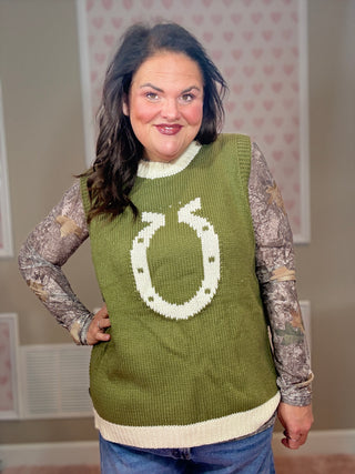 Olive High Class Country sweater vest for women with a knit horseshoe detail and side button accents, perfect for fashion trends, mom outfit inspo, moms style finds, and plus size trends.