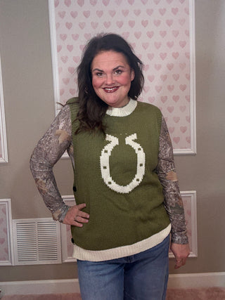 Olive High Class Country sweater vest for women with a knit horseshoe detail and side button accents, perfect for fashion trends, mom outfit inspo, moms style finds, and plus size trends.
