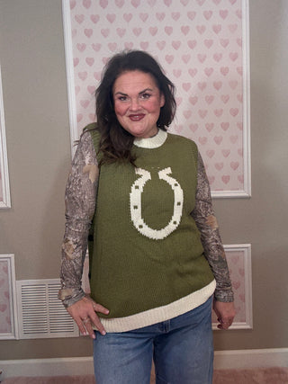 Olive High Class Country sweater vest for women with a knit horseshoe detail and side button accents, perfect for fashion trends, mom outfit inspo, moms style finds, and plus size trends.