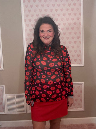 Pucker Up mesh long sleeve top for women with sheer mesh fabric and kiss-inspired print, a versatile piece for fashion trends, moms style finds, and plus size trends.