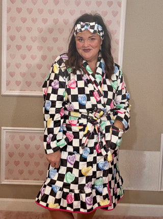 Checkered conversation hearts legacy lounge robe for women featuring soft plush fabric and a Valentine-inspired heart pattern, perfect for cozy lounging and women’s clothing comfort.