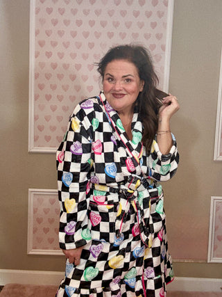 Checkered conversation hearts legacy lounge robe for women featuring soft plush fabric and a Valentine-inspired heart pattern, perfect for cozy lounging and women’s clothing comfort.