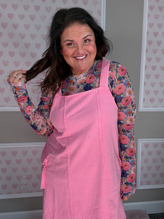 Comfy mom style pink overall dress in relaxed silhouette flattering for sizes XS to 3X