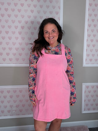 Comfy mom style pink overall dress in relaxed silhouette flattering for sizes XS to 3X