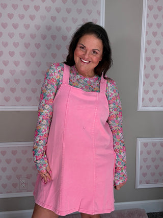 Women’s pink overall dress in super soft cotton poly sweatshirt material available in regular and plus sizes