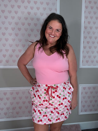 Lightweight cherry patterned skort with built-in shorts in regular and plus sizes