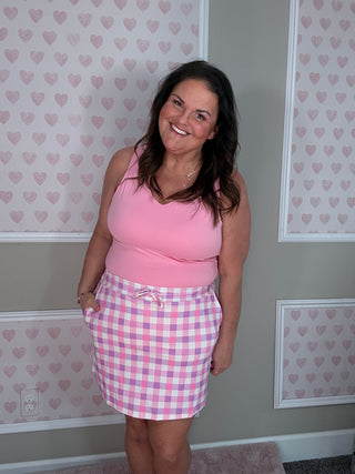 Sweet Beginnings gingham skort for women with built-in shorts and elastic back waistband