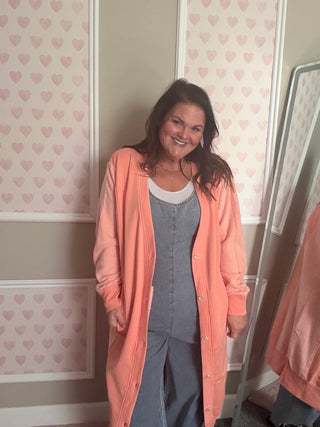 Peach sweatshirt cardigan for women, soft longline cozy layer with pockets, comfy mom style outfit, trendy women’s clothing