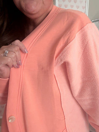 Peach sweatshirt cardigan for women, soft longline cozy layer with pockets, comfy mom style outfit, trendy women’s clothing
