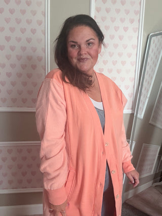 Peach sweatshirt cardigan for women, soft longline cozy layer with pockets, comfy mom style outfit, trendy women’s clothing
