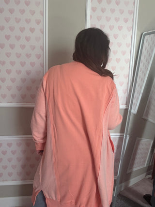 Peach sweatshirt cardigan for women, soft longline cozy layer with pockets, comfy mom style outfit, trendy women’s clothing