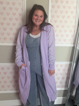 Lavender sweatshirt cardigan for women, soft longline cozy layer with pockets, comfy mom style outfit, trendy women’s clothing