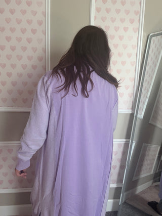 Lavender sweatshirt cardigan for women, soft longline cozy layer with pockets, comfy mom style outfit, trendy women’s clothing