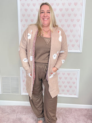 Farm Girl Cloud Cardigan ultra-soft duck print cardigan with front pockets and cozy relaxed fit for farmhouse-inspired boutique fashion