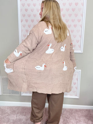 Farm Girl Cloud Cardigan ultra-soft duck print cardigan with front pockets and cozy relaxed fit for farmhouse-inspired boutique fashion