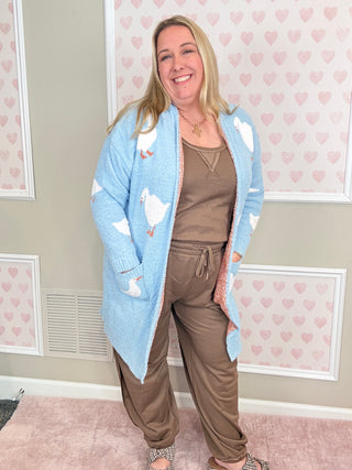 Farm Girl Cloud Cardigan ultra-soft duck print cardigan with front pockets and cozy relaxed fit for farmhouse-inspired boutique fashion