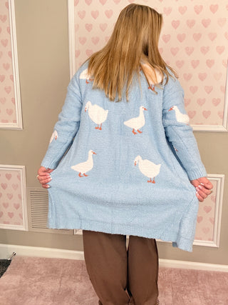 Farm Girl Cloud Cardigan ultra-soft duck print cardigan with front pockets and cozy relaxed fit for farmhouse-inspired boutique fashion