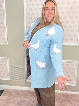 Farm Girl Cloud Cardigan ultra-soft duck print cardigan with front pockets and cozy relaxed fit for farmhouse-inspired boutique fashion