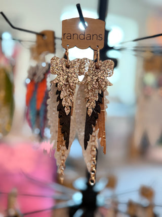 Decorative earrings with butterfly design on a hanger with 'randans' label.