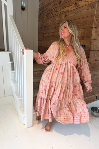 Pink floral boho maxi dress women’s clothing flowy tiered dress comfy mom style flattering spring dress