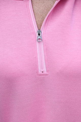 Light pink Kayla Luxe hooded quarter zip pullover with a soft, cozy feel and relaxed fit, perfect for everyday wear.