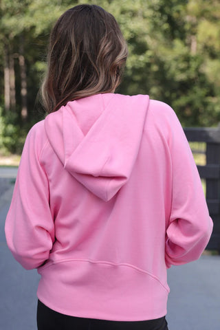 Light pink Kayla Luxe hooded quarter zip pullover with a soft, cozy feel and relaxed fit, perfect for everyday wear.