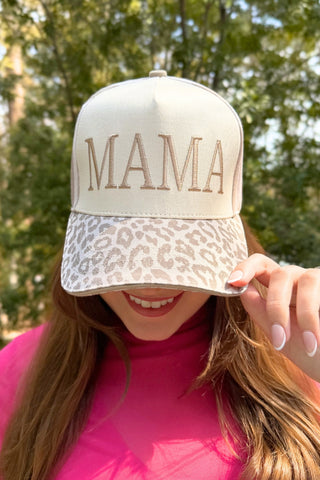 Mama embroidered women’s hat with neutral stripes and leopard brim, adjustable comfy mom style trendy accessory