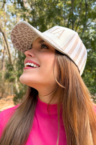 Mama embroidered women’s hat with neutral stripes and leopard brim, adjustable comfy mom style trendy accessory