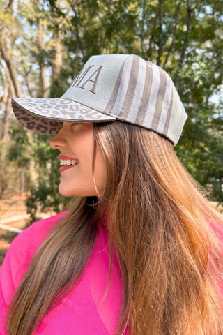Mama embroidered women’s hat with neutral stripes and leopard brim, adjustable comfy mom style trendy accessory