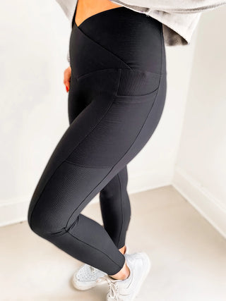 Close-up view of the diagonal ribbed texture and sculpting fit of the Molly Max Sculpt Diagonal Ribbed Leggings