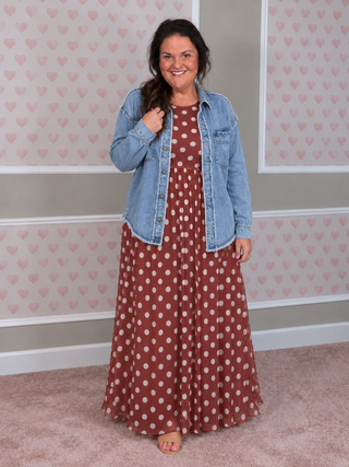 Blakeley Countryside Mesh Dress in polka dot or plaid featuring sheer printed mesh, long sleeves with thumbhole cuffs, matching cami slip dress with adjustable straps, and stretchy fabric, available in women's sizes S/M–3X.