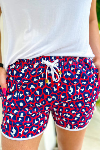 Close-up view of the drawstring waistband and patriotic print on the Party In The USA Drawstring Everyday Shorts.