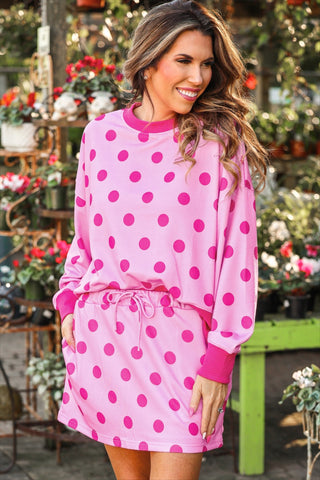 Pink polka dot terry skort set women’s clothing comfy mom style matching set trendy lounge outfit with skort breathable casual set