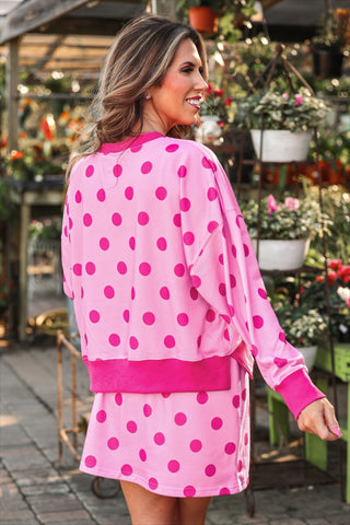 Pink polka dot terry skort set women’s clothing comfy mom style matching set trendy lounge outfit with skort breathable casual set