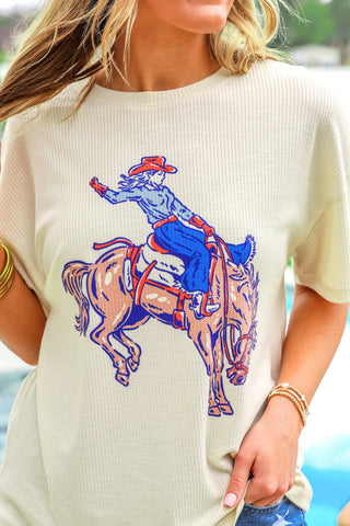 Rodeo Queen waffle knit tee women’s clothing western graphic shirt comfy mom style lightweight breathable trendy top