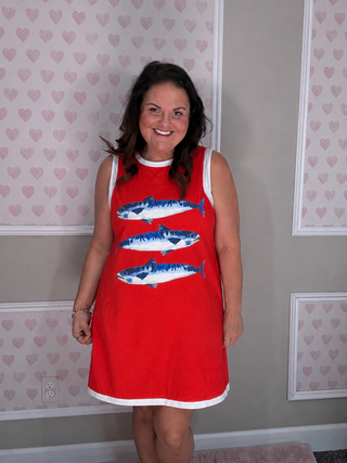 Red terry cloth aline dress with blue fish. 
