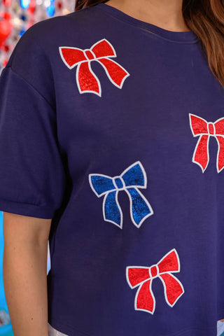 Red white bow luxe top women’s clothing metallic bow shirt comfy mom style trendy patriotic summer top