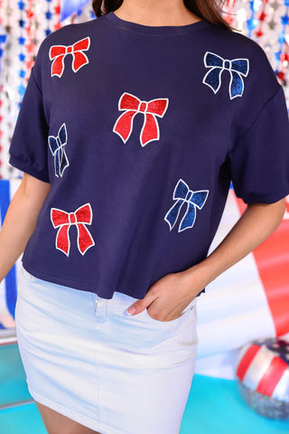 Red white bow luxe top women’s clothing metallic bow shirt comfy mom style trendy patriotic summer top