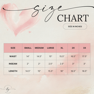 Size chart for clothing measurements with a pink heart design on a light background