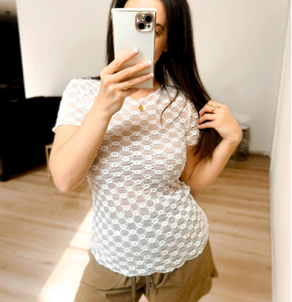 Sheer Daisy & Lace Short Sleeve Top - Black & White