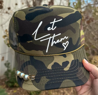 Full camo trucker hat with Let Them faith graphic and adjustable mesh back.