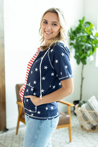 Side view of patriotic short sleeve hoodie with zip-up front—perfect for casual summer days.