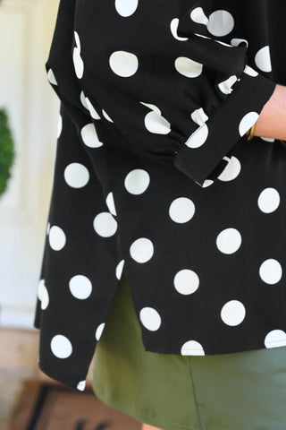 Jess Lea oversized black and white polka dot button-up blouse with lightweight textured fabric and relaxed fit.